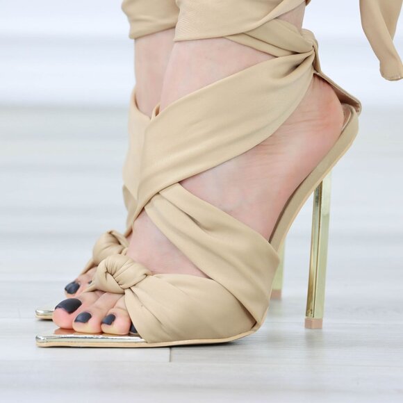 Nude Open pointed Toe High Heel Ankle Strap Fabric Gold Needle Heel - Picture 14 of 14